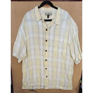 Tommy Bahama‎ White XL Aloha Hawaiian Shirt Gray Yellow Plaid Linen Blend